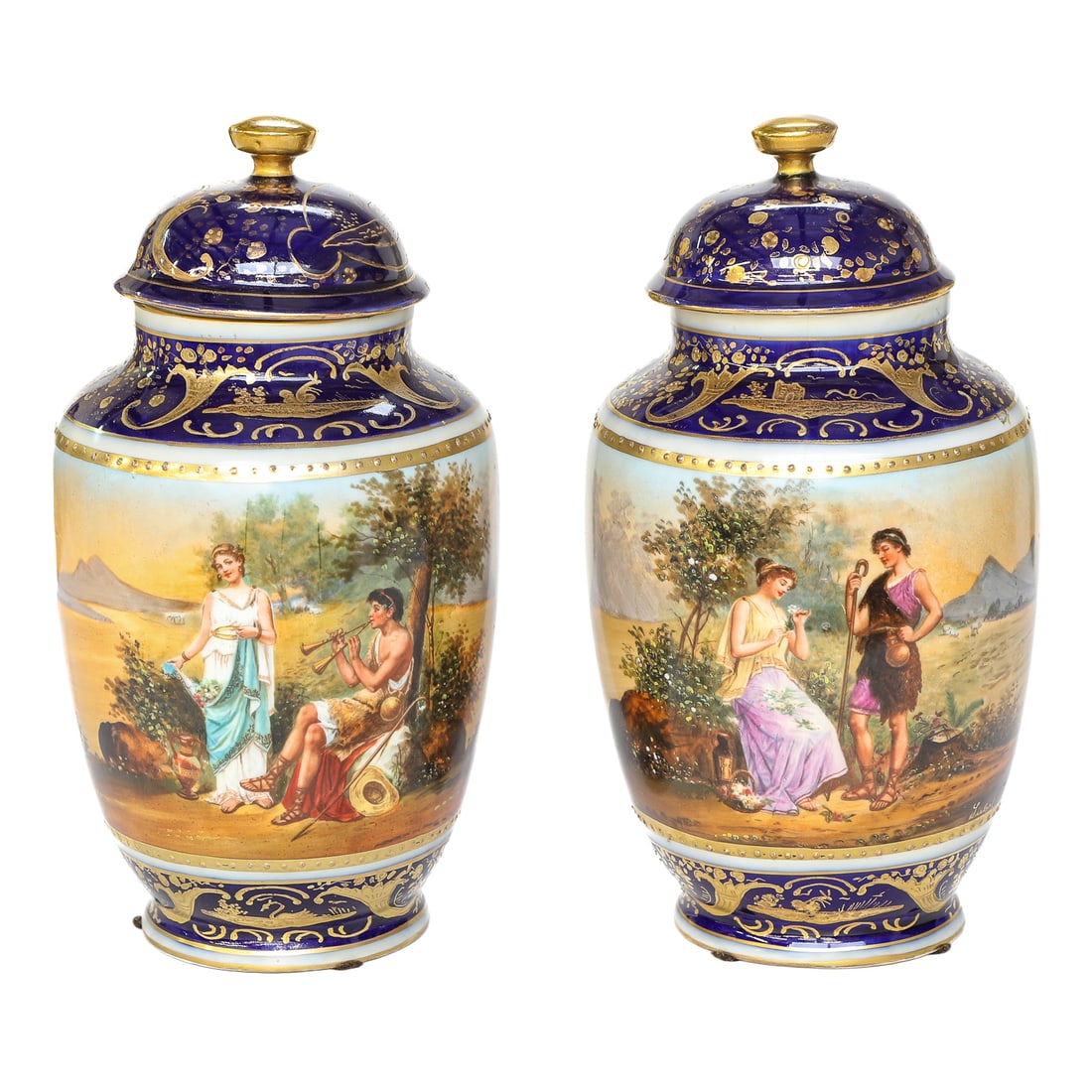 19th C. Royal Vienna Hand Painted Vases with Lids, Pair, Both Signed Liebel (1 of 7)