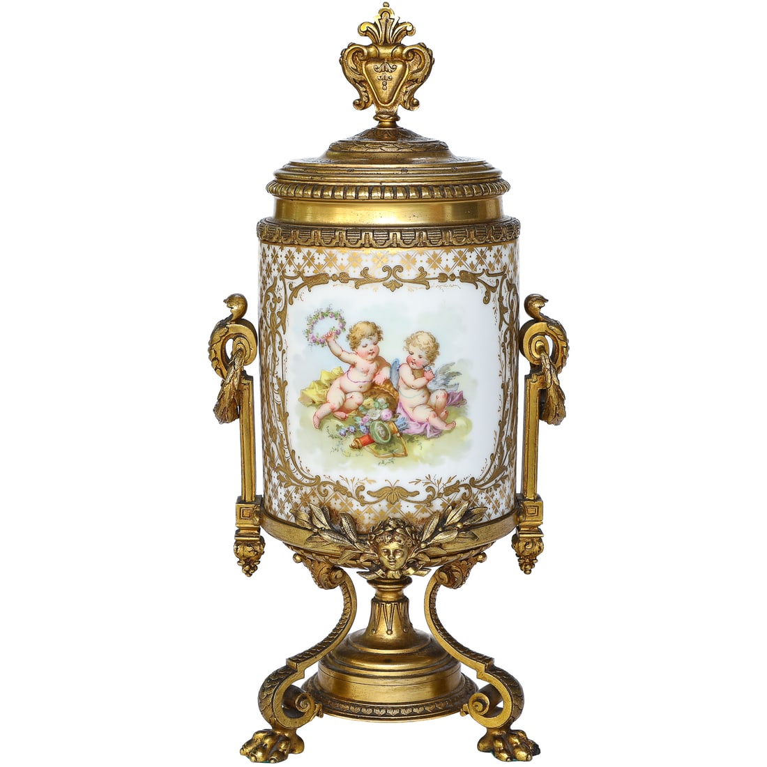 Late 19th/Early 20th C. Porcelain Urn with Lid Having Floral Decorations and Gilt Bronze Mounts: Late 19th/Early 20th C. Porcelain Urn with Lid Having Floral Decorations and Gilt Bronze Mounts, White Ground, Back Panel Having Hand Painted Floral Design, The Front Panel Having Two Cherubs With Flo