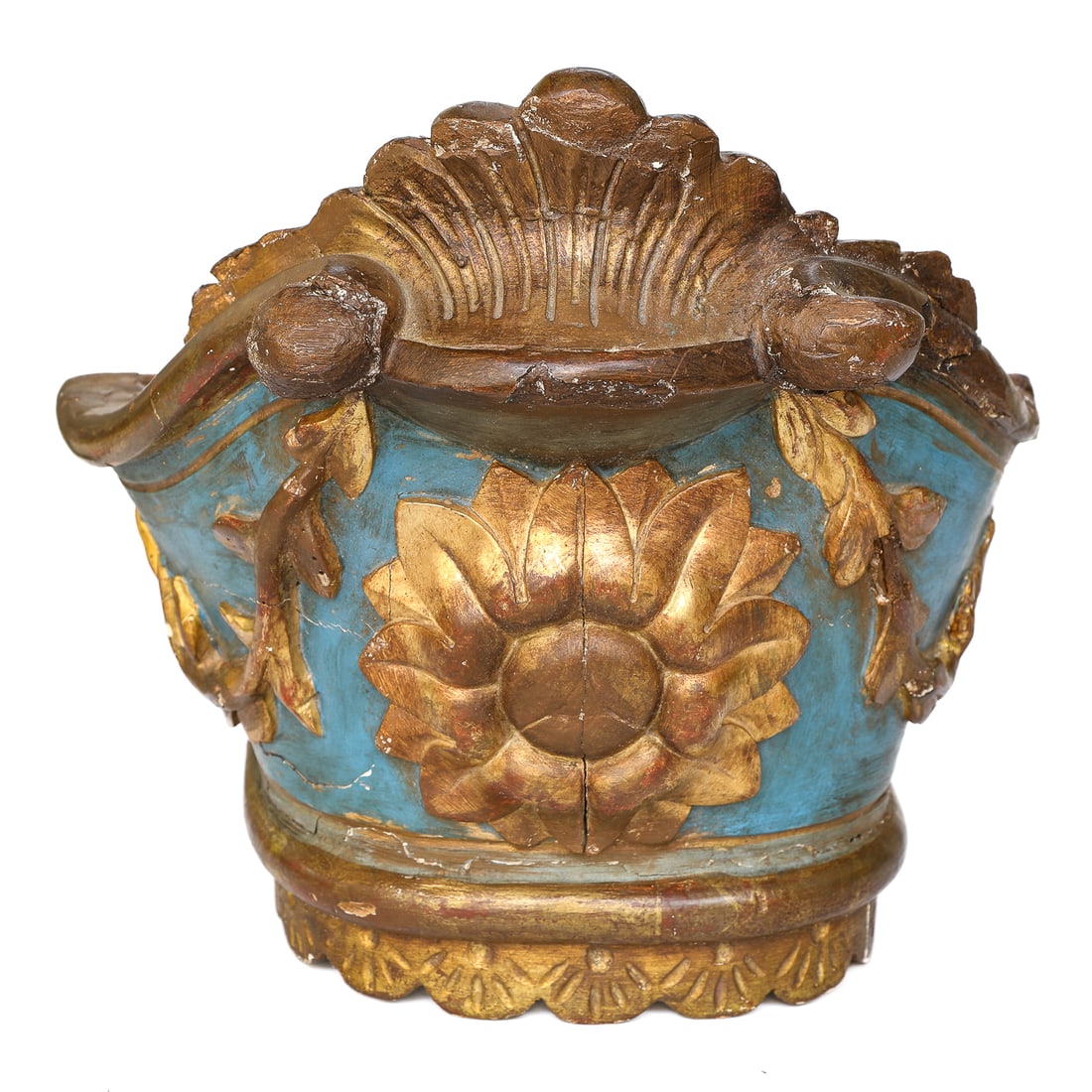 Late 18th/ Early 19th C. Hand Painted Carved Ciel de Lit/Baldaquin: Late 18th/Early 19th C. Hand Painted Carved Ciel de Lit/Baldaquin, Having Gold Shell Carved Top, Leaf Carved Swags Surrounding Central Floral Design, Floral Bottom Edge, Body Having Sky Blue Paint. 13