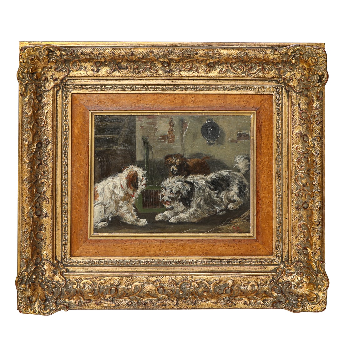 19th C. Animal Scene, Oil on Artist Board, Depicting Three Multi Color Dogs Romping in Cottage (1 of 7)