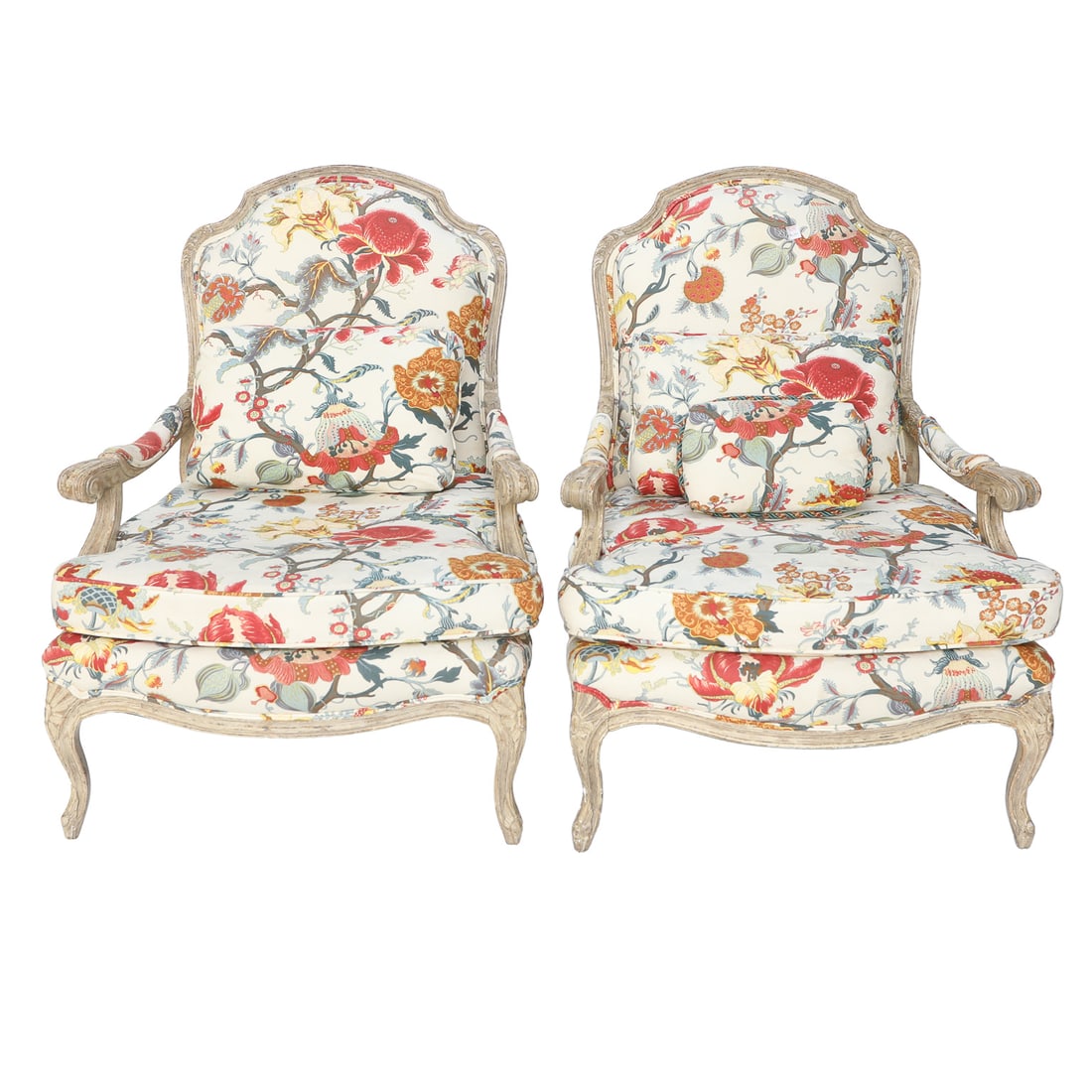 French Louis XV Style Painted and Distressed  Upholstered Bergere Chairs, Pair (1 of 8)