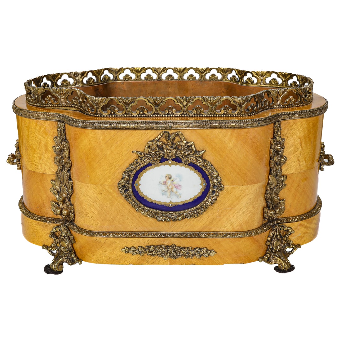 Late 19th/Early 20th C. French Louis XV Style Satinwood Shaped Jardiniere: Late 19th/Early 20th C. French Louis XV Style Satinwood Shaped Jardiniere, Having Pierced and Beaded Gallery, Floral and Leaf Form Handles, Leaf and Berry Bronze Mounts on Each Corner, Front and Back