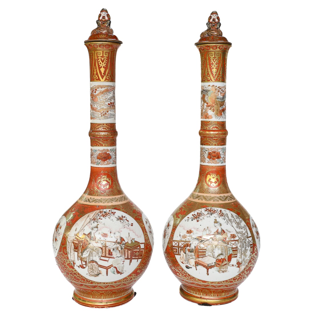 19th C. Japanese Kutani Lidded Bottle Vases, Pair (1 of 10)