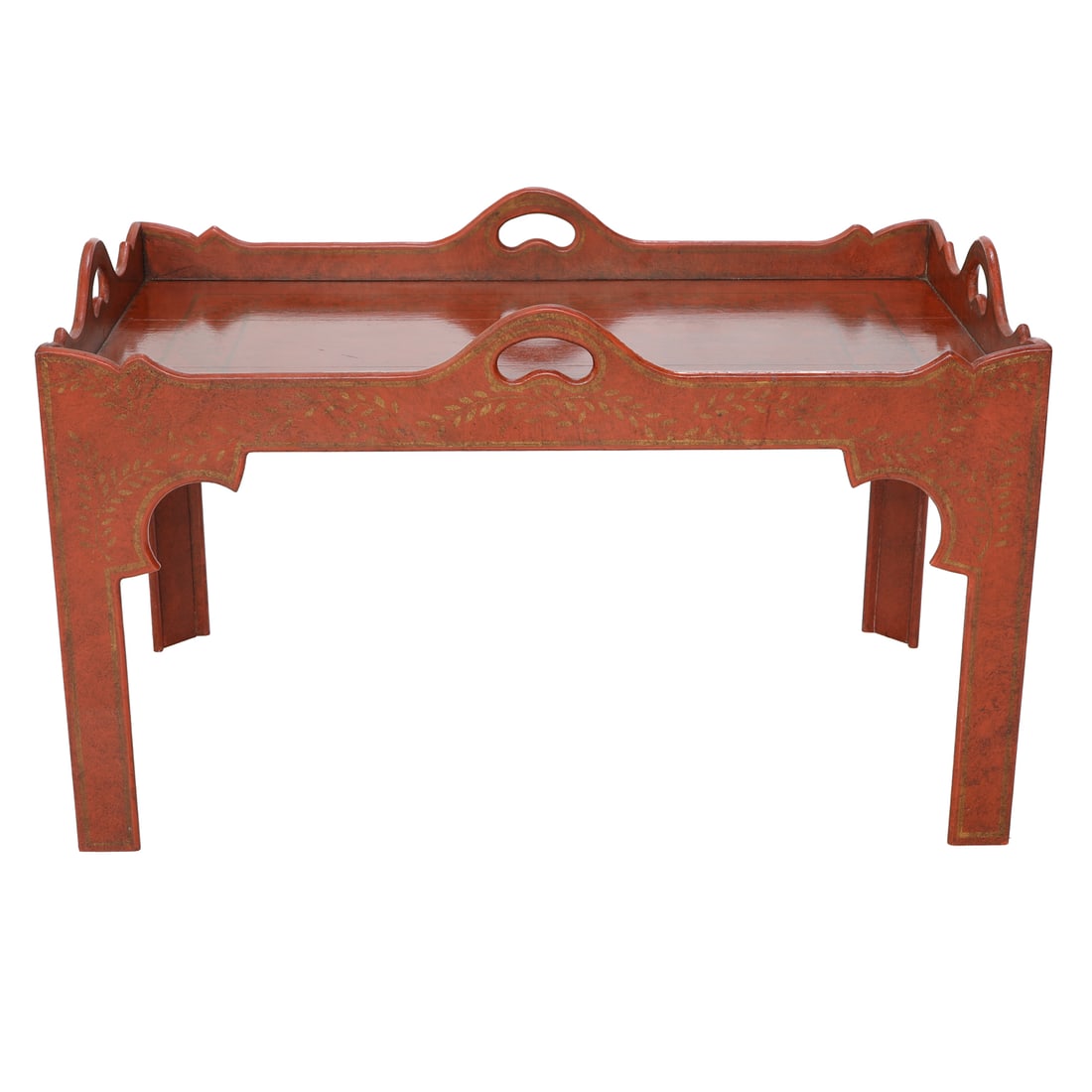 Vintage Red Lacquered Tray Top Coffee Table Having Hand Painted Decorations (1 of 7)