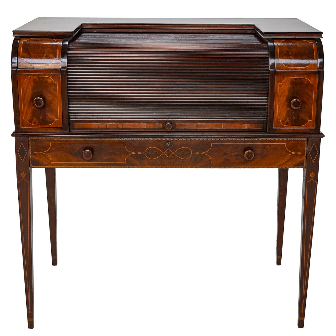 Late 19th C. English Mahogany Federal Style Inlaid Writing Desk with Back: Late 19th C. English Mahogany Federal Style Inlaid Writing Desk with Back, Top Features Tambour Center Revealing Marble Inset Writing Surface, Flanked by Two Deep Satinwood String Inlaid Drawers, Atop