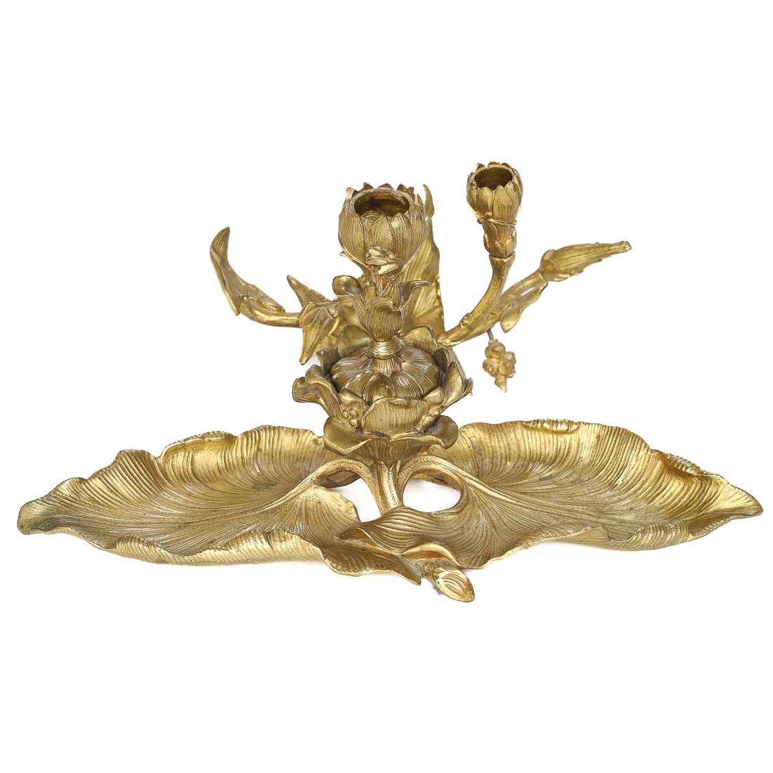 French Dore Bronze Inkstand Candelabra: French Dore Bronze Inkstand Candelabra, Floral and Leaf Two Branch Candelabra Situated Behind Leaf Shaped Stand Featuring One Floral Shaped Capped Inkwell. 13" Wide, 8" Deep, 5.75" High