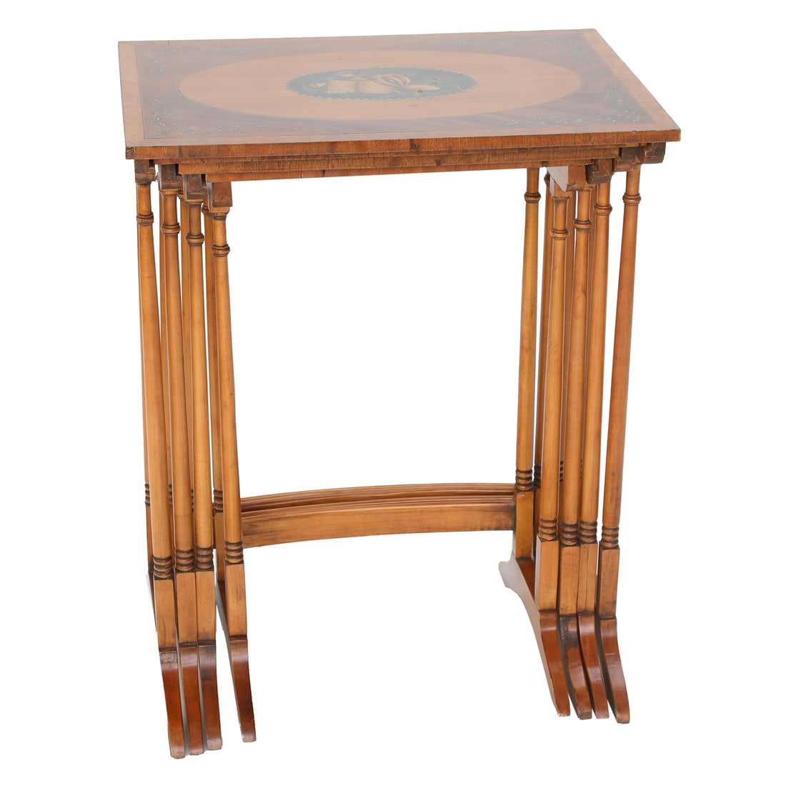 English Satinwood and Mahogany Nesting Tables, Four Tables Total, Featuring Musical Inlays (1 of 5)
