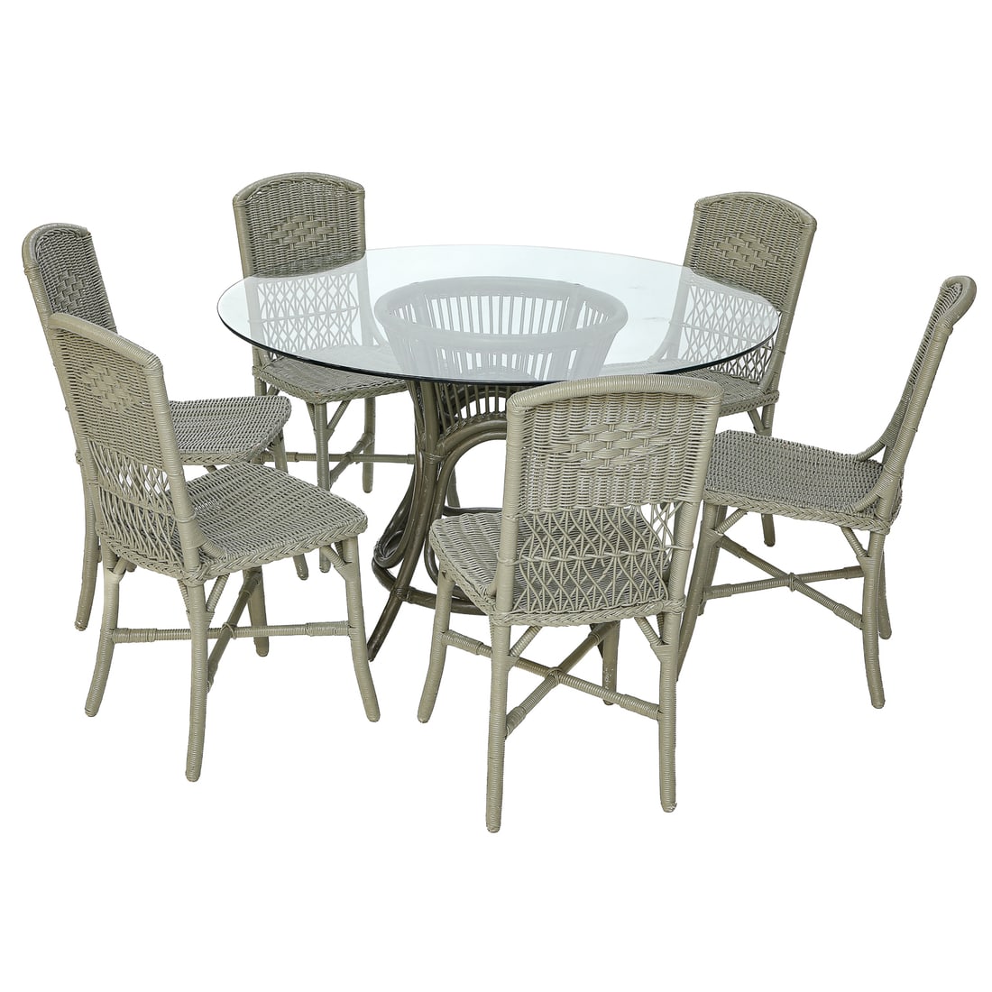 Group of Vintage Painted Wicker, Including Eight (8) Side Dining Chairs and One Glass Top Table, (1 of 10)