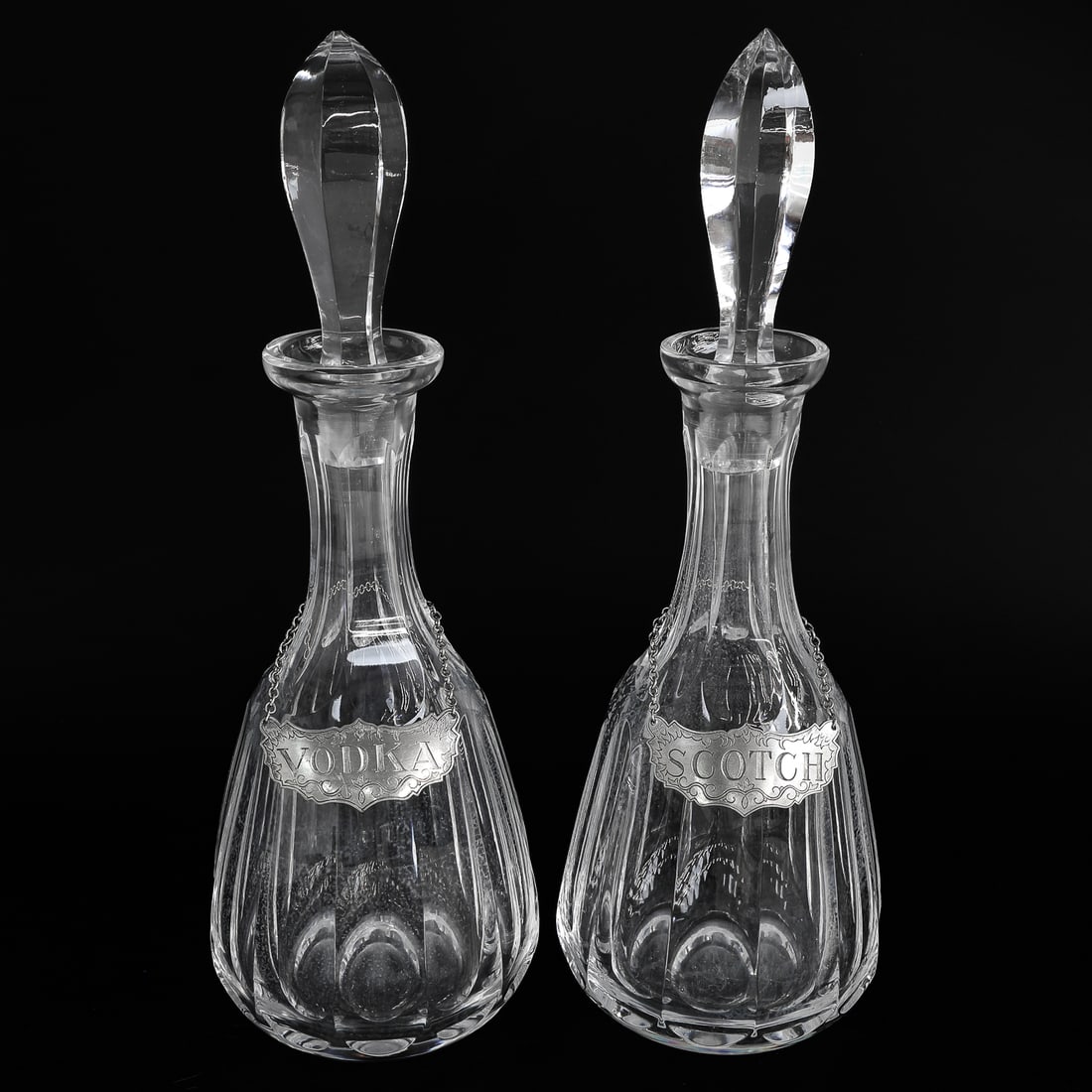 Cut Crystal Decanters, Pair, Having Oval Designs on Top and Bottom and Pewter Labels (1 of 4)