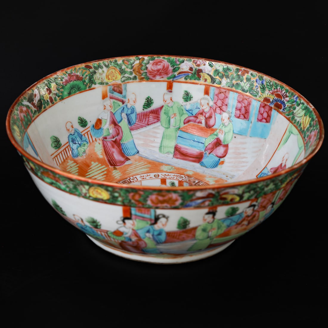 Late 19th C. Chinese Export Porcelain Rose Medallion Bowl: Late 19th C. Chinese Export Porcelain Rose Medallion Bowl, Having Floral Border, Having Figural Scene in Center, Surrounded by Alternating Panels of One Male Figure with Figural Courtyard Panels on In