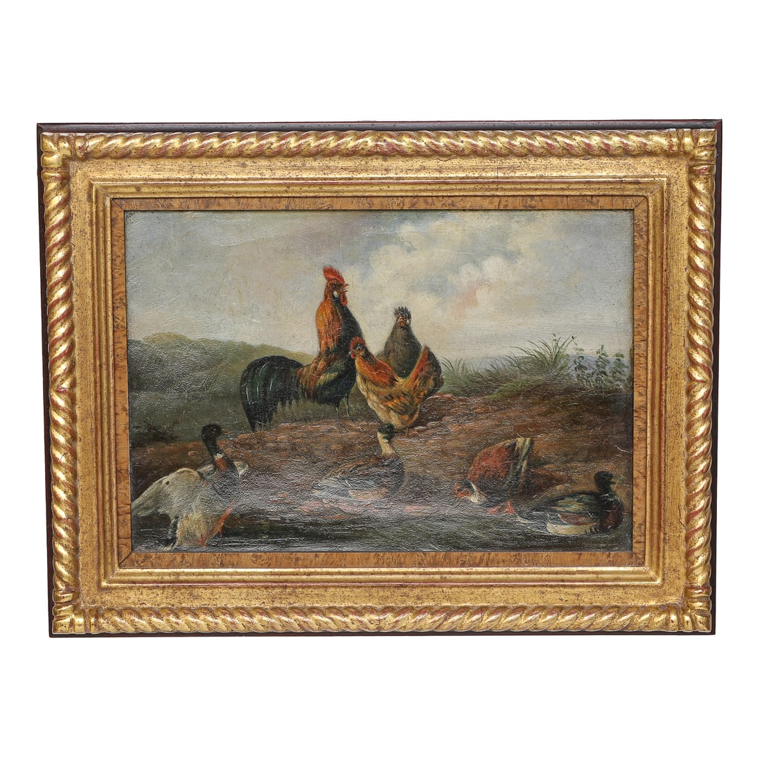 Late 19th C. Farmyard Scene, Oil on Canvas, Depicting Ducks, Hens and Roosters in Pastoral Setting (1 of 5)
