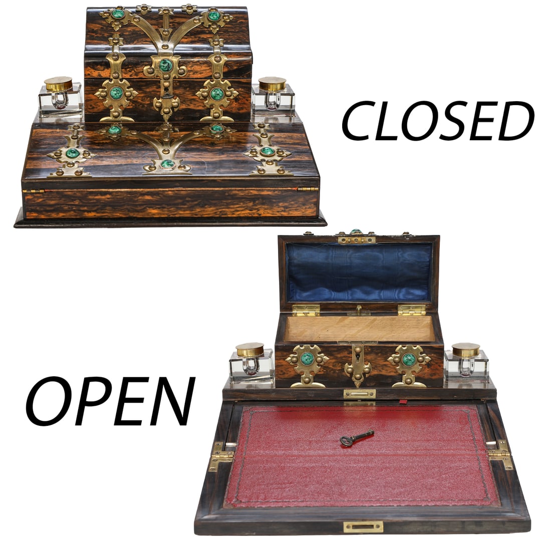 19th C. English Coromandel Wood, Brass and Emerald Green Stone Desk Set/Ink Well (1 of 10)