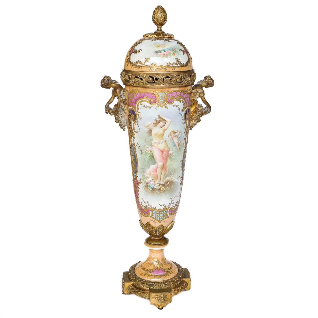 19th C. Peach Sevres French Porcelain Bronze Mounted Capped Urn (1 of 11)