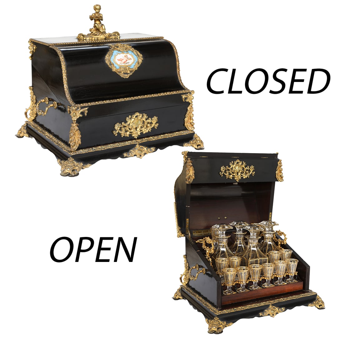 Late 19th C. French Louis XV Style Ebonized and Bronze Mounted Tantalus Set (1 of 13)