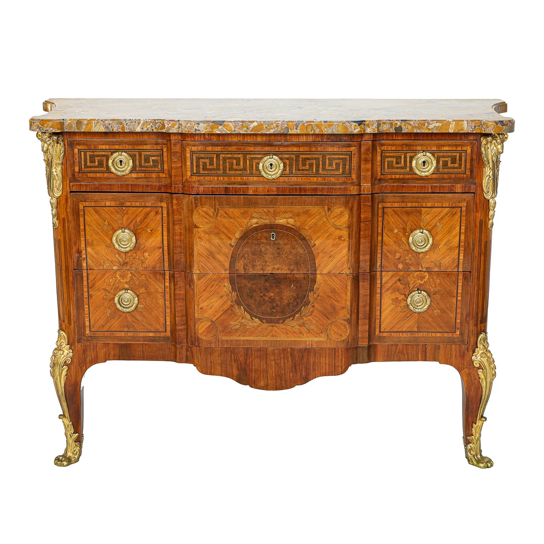 19th C. French Louis XVI Style Multi Wood Inlaid Shaped Front Bronze Mounted Marble Top Commode (1 of 11)