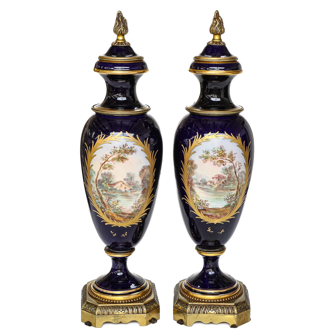 French Porcelain Cobalt Blue Painted Brass Mounted Lidded Sevres Style Urns, Pair (1 of 7)