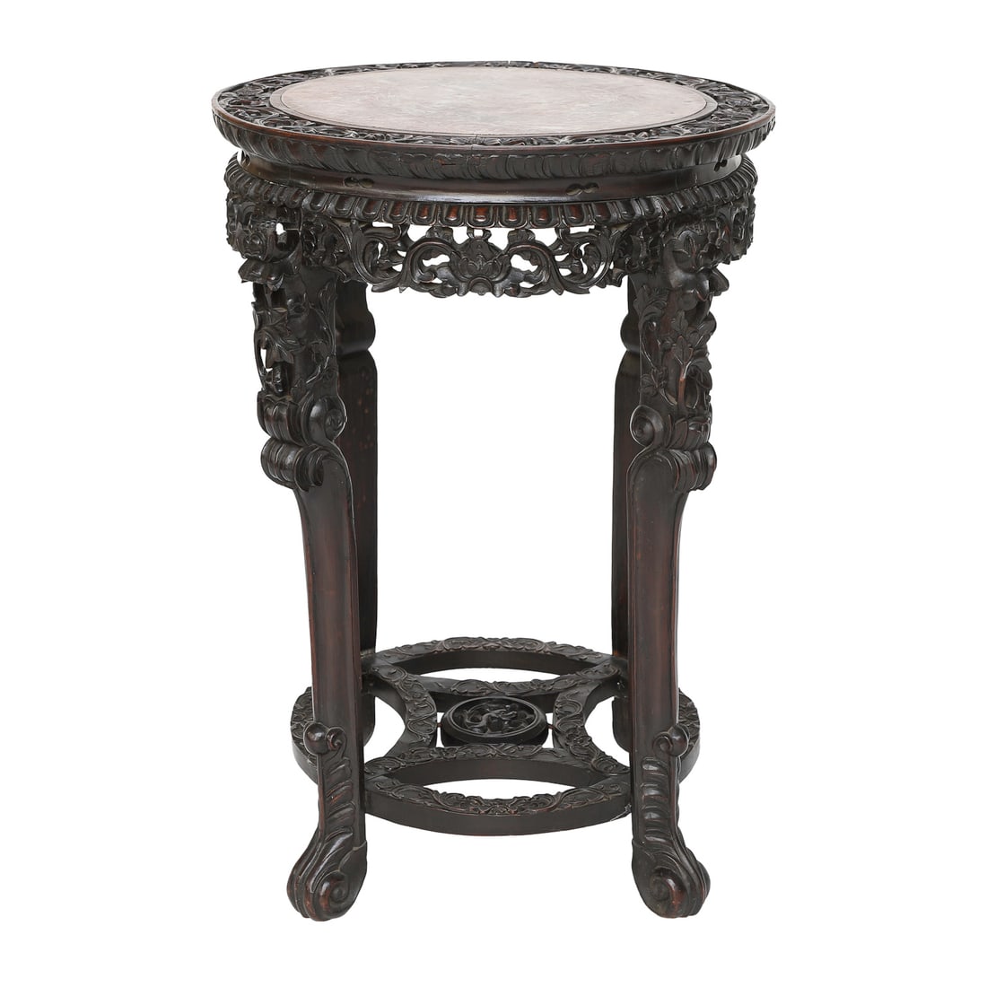 19th C. Chinese Carved Teak Wood Marble Top Stand (1 of 6)