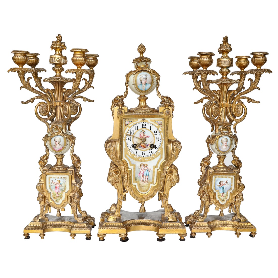 French Louis XVI Style Dore Bronze and Porcelain Plaque Clock Set, Three Pieces Total (1 of 15)