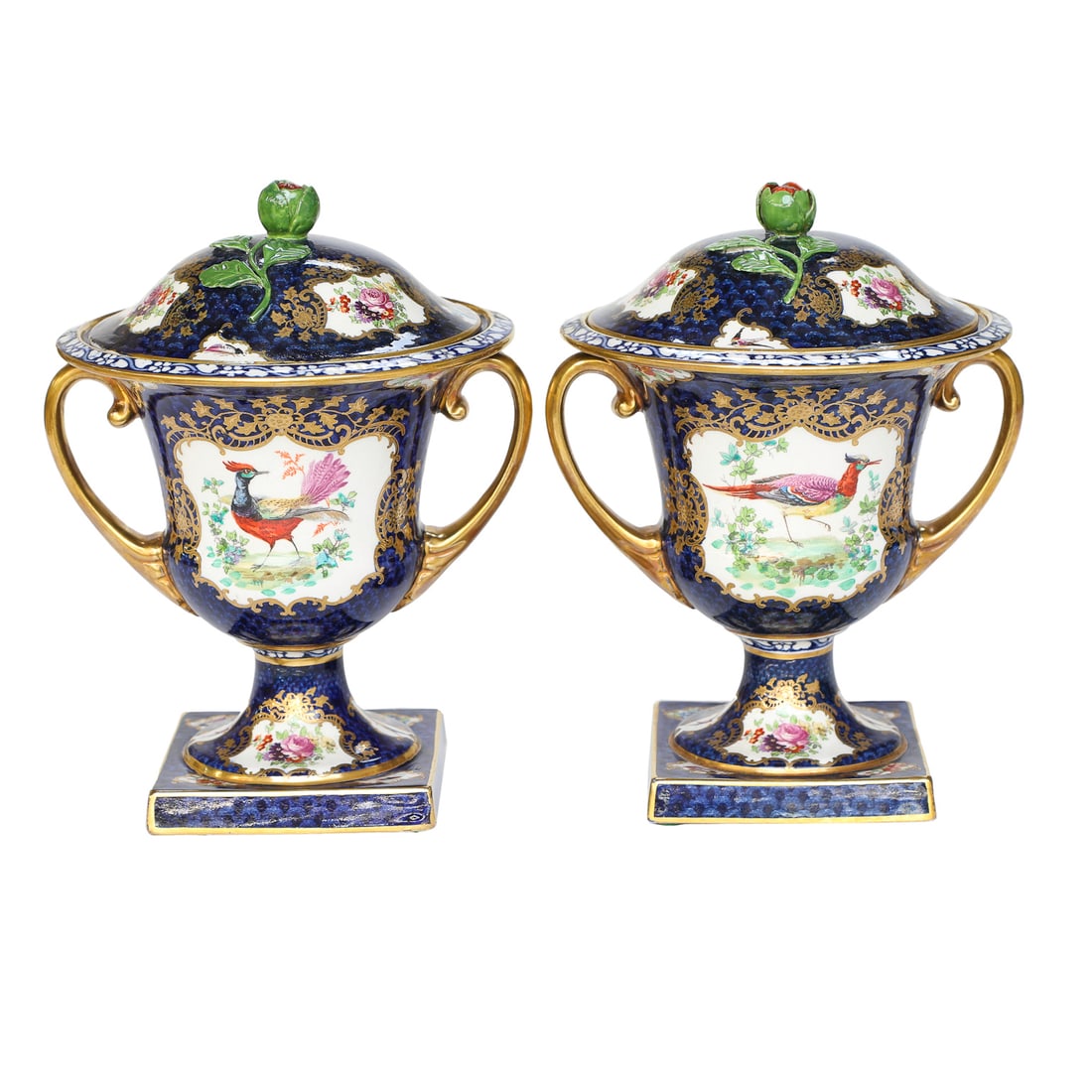 19th C. Derby Style Porcelain Cobalt Blue Capped Urns, Pair (1 of 5)