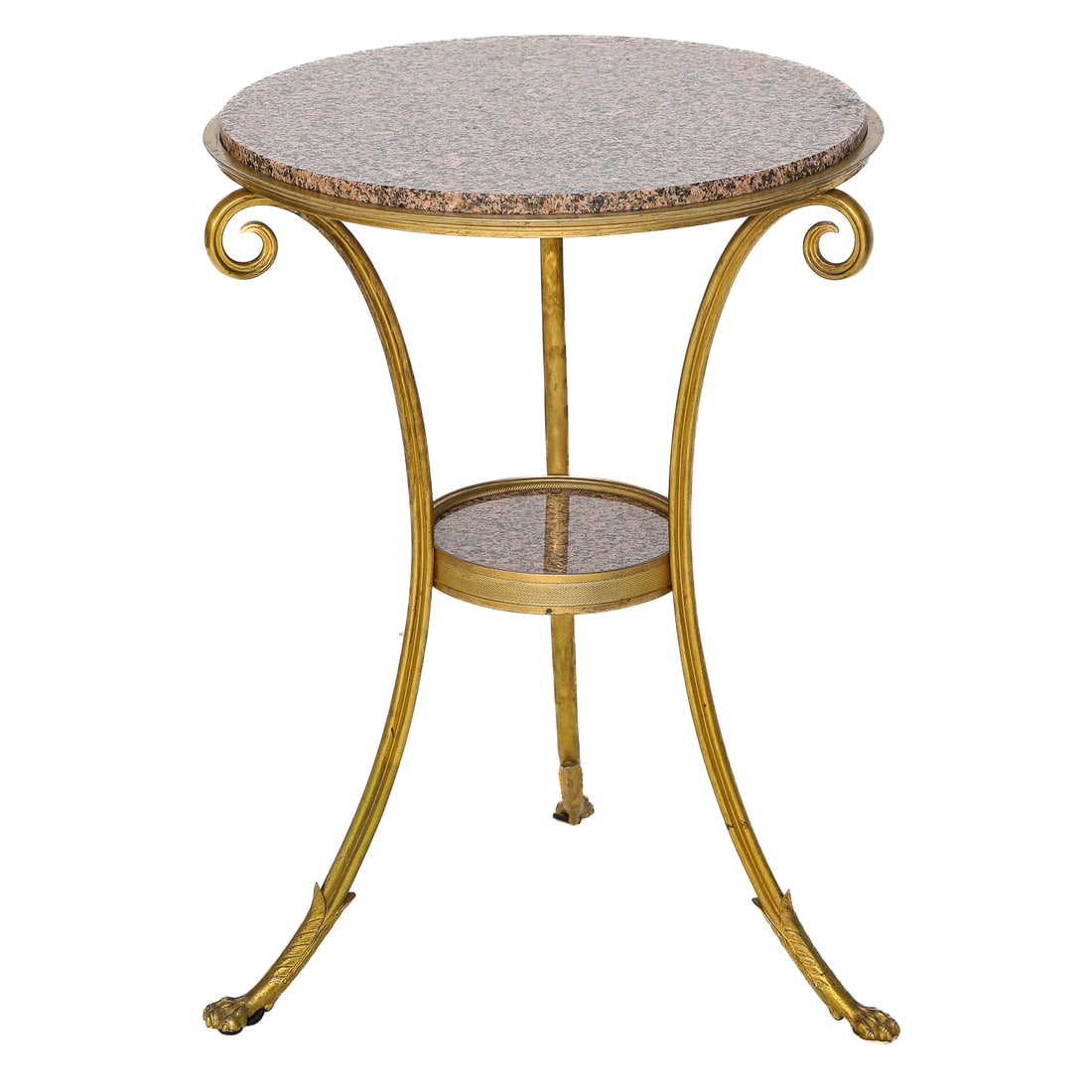 Late 19th C. French Bronze Mounted Circular Gueridon: Late 19th C. French Bronze Mounted Circular Gueridon, Having Rouge Granite Top, Three Scroll Supports Conjoined in Center by Lower Bronze Mounted Shelf Having Same Rouge Granite, Resting on Three Legs