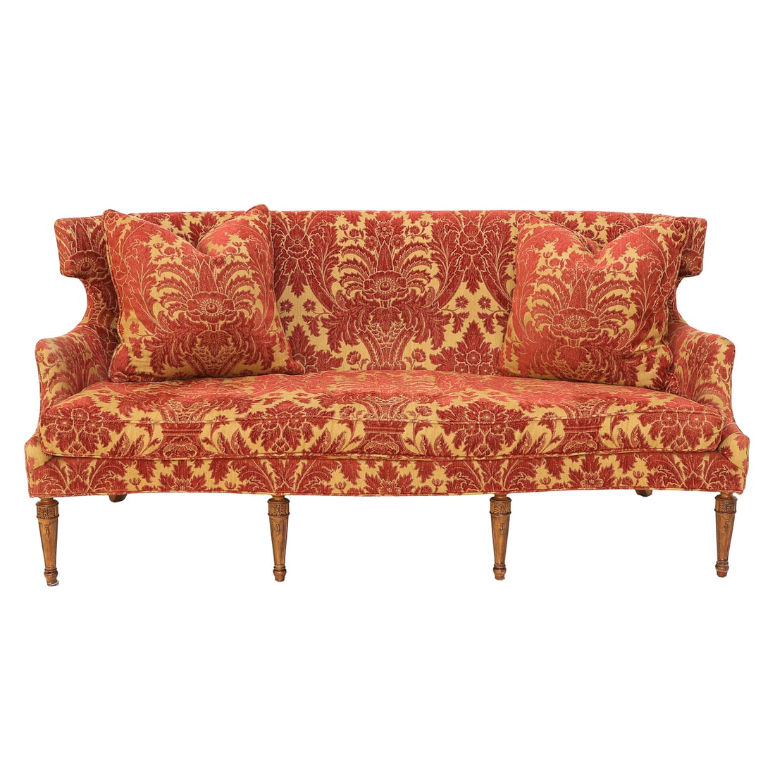 Vintage Century Furniture Sofa: Vintage Century Furniture Sofa, Discontinued, Having Shaped Back, Curved Arms, Serpentine Shaped Front, Resting on Two Splay Back Legs, Four Carved Turned, Tapered Front Legs, All in Fruit Wood Finish