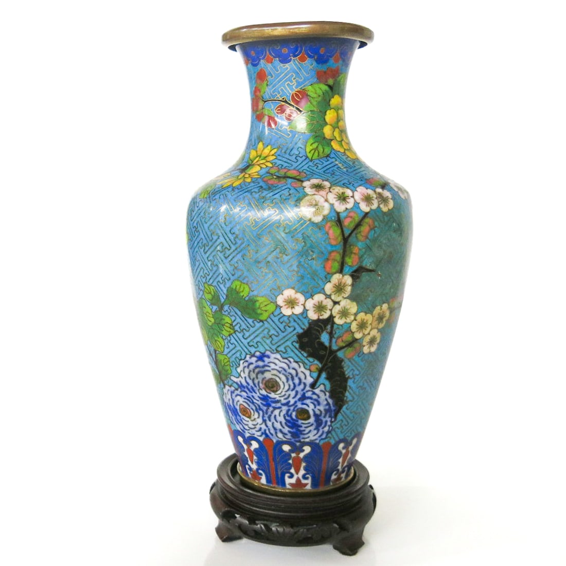 Vintage Turquoise Cloisonne Vase on Teak Wood Stand: Vintage Turquoise Cloisonne Vase on Teak Wood Stand, Having Brass Lined Interior and Bottom Rim, Turquoise Ground Featuring Yellow, Blue and Red Floral and Green Leaf Decorations Along with White Cher
