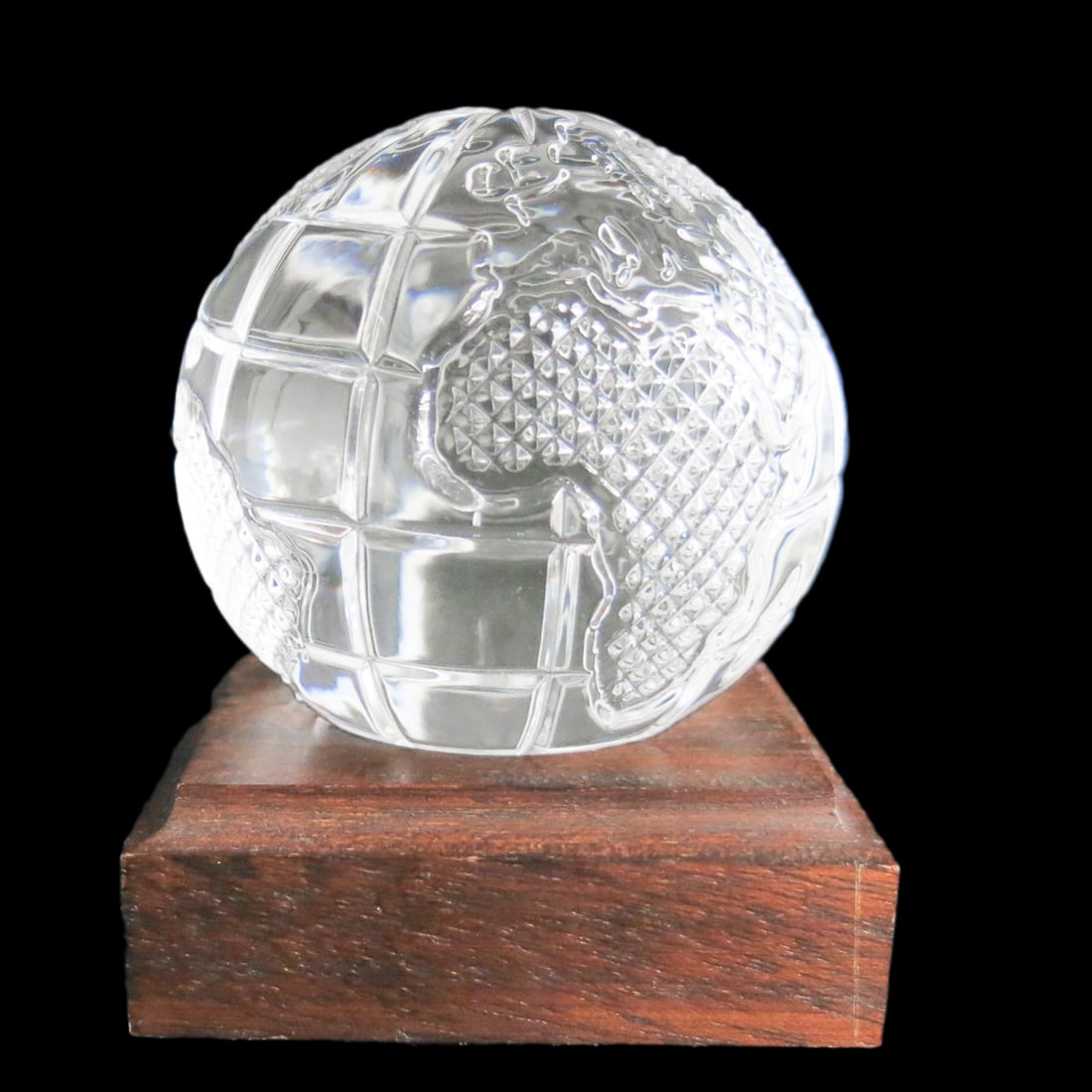 Waterford Crystal Globe Resting on Square Mahogany Base: Waterford Crystal Globe Resting on Square Mahogany Base, Still Has Original Waterford Sticker on Side, Marked Waterford on Bottom. 3.25" Square, 4.5" High