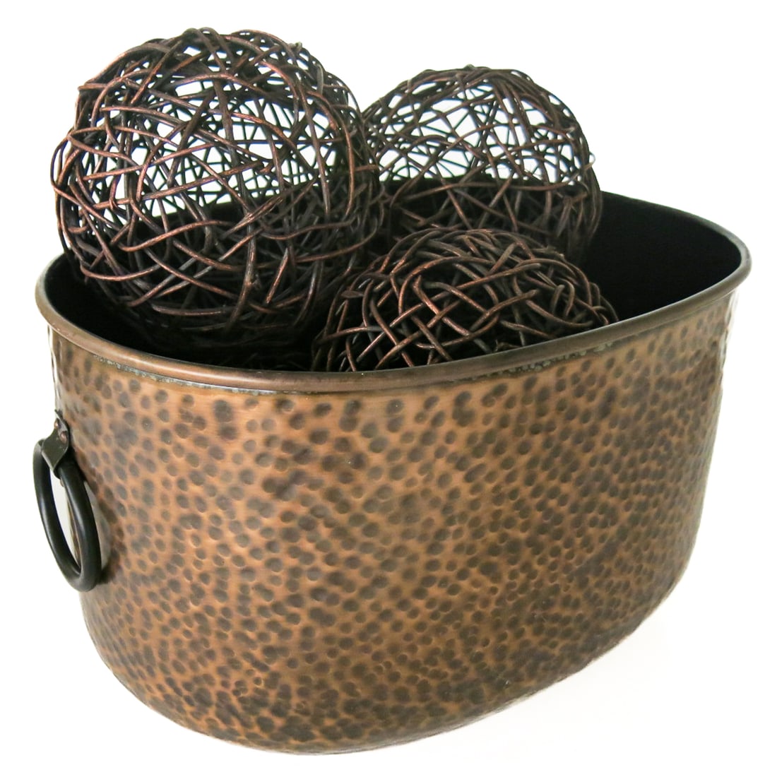 Oval Hammered Decorative Container Housing Five Twig Form Balls (1 of 5)