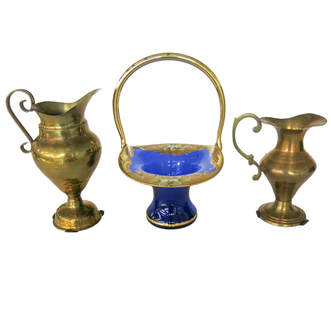 Cobalt Glass Basket and Brass Pitchers, Three Items Total (1 of 8)