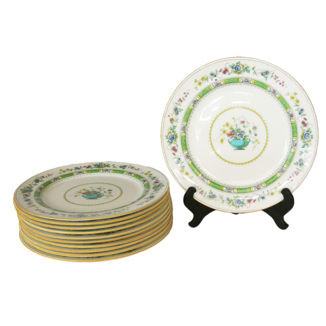 Group of English Royal Doulton Porcelain Dinner Plates, Eleven Total: Group of English Royal Doulton Porcelain Dinner Plates, Eleven Total, Featuring Urn and Floral Decorated Centers, Alternating Green and Floral Edge, Finishing with Multi Color Border. 10.5" Diameter, 