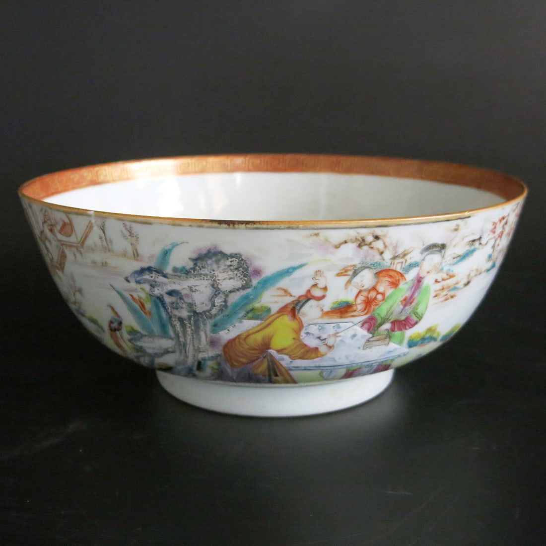 Antique Chinese Export Porcelain Bowl: Antique Chinese Export Porcelain Bowl, Having Gold and Bittersweet Greek Key Edge, Gold Central Swirl Design, Exterior Having Figural Decorations. 10.25" Diameter, 4.25" High