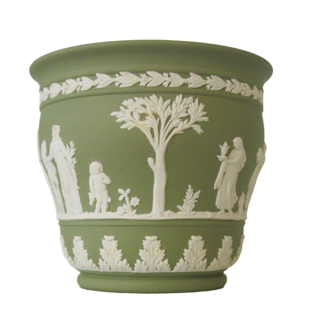 English Wedgwood Jasperware Sage Green and White Bowl: English Wedgwood Jasperware Sage Green and White Bowl, Featuring Neoclassical Family Scene, Acanthus Leaf Base. 5" Diameter, 4.5" High