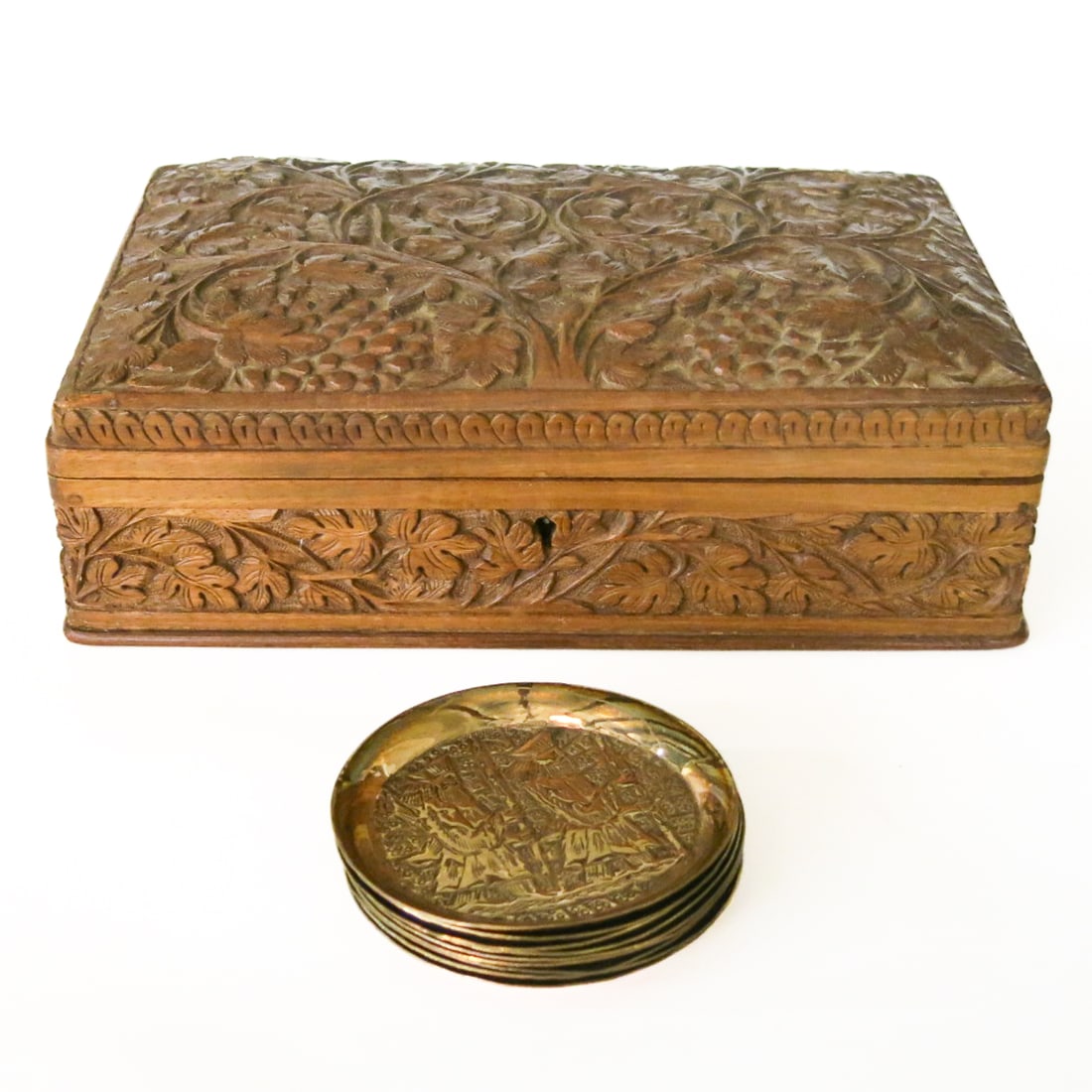 Vintage Hand Carved Box Along with Coasters, Ten Total Items (1 of 9)