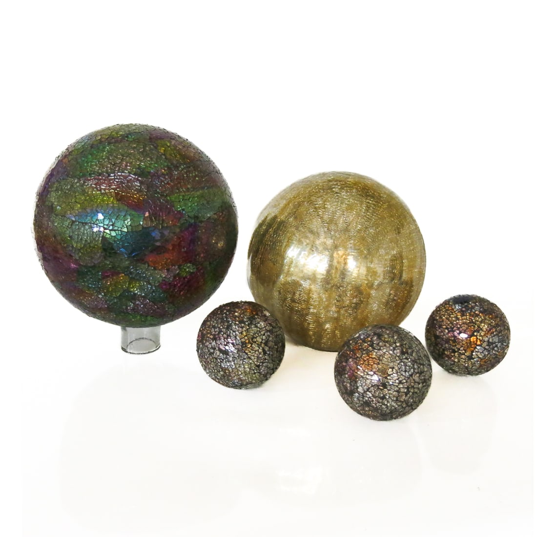 Group of Iridescent Crackle Finish Decorative Orbs, Five Total: Group of Iridescent Crackle Finish Decorative Orbs, Five Total, One Large Gold Crackle Finish Orb, One Multi Color Crackle Finish Orb on Clear Stand, Three Small Multi Color Crackle Finish Orbs. Large