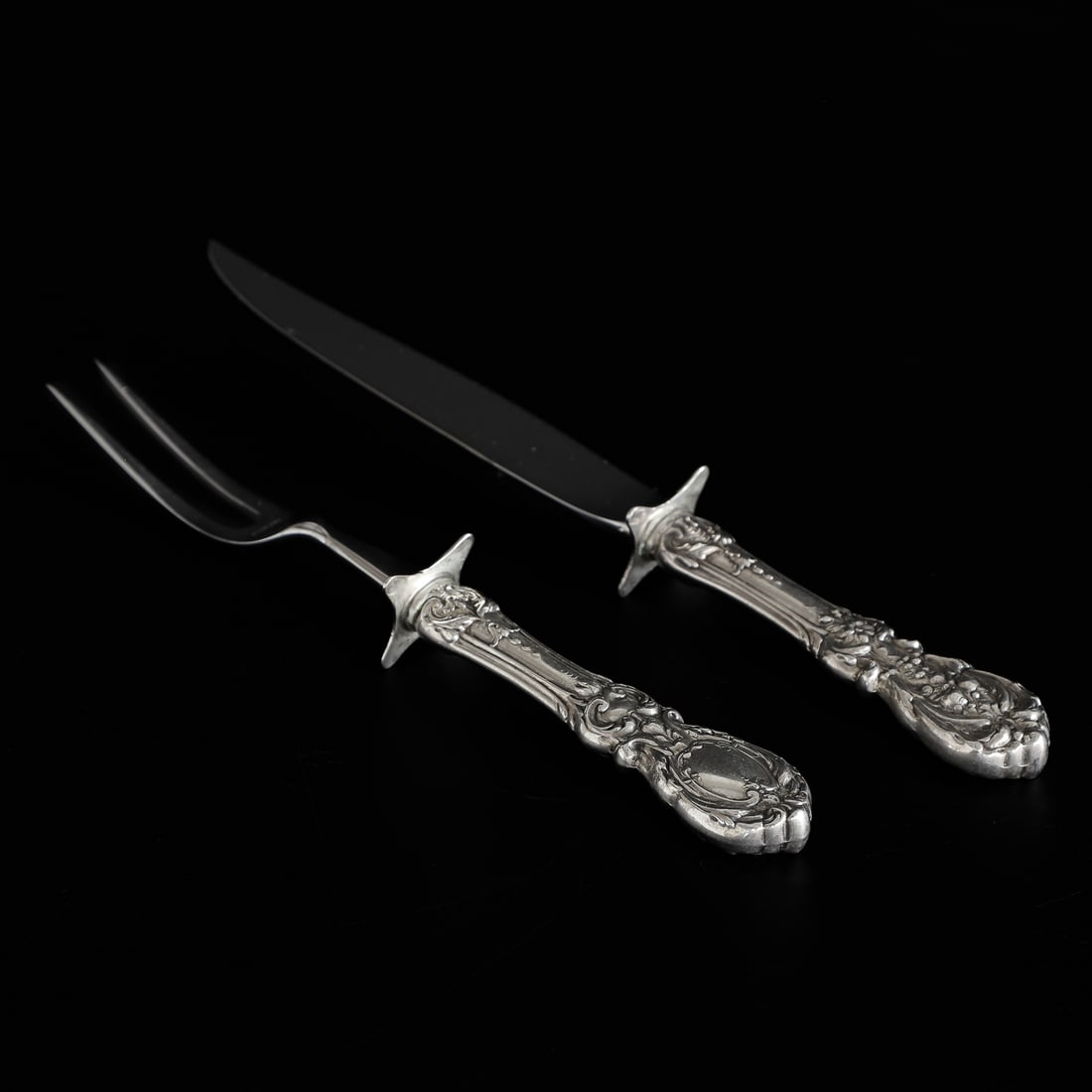 Reed and Barton Two Piece Sterling Silver Steak Carving Set in Francis I Pattern: Reed and Barton Two Piece Sterling Silver Steak Carving Set in Francis I Pattern, Includes Fork-9" Wide, 1.25" Deep, 1" High; Along with Steak Carving Knife-10" Wide, 1" Deep, 1" High