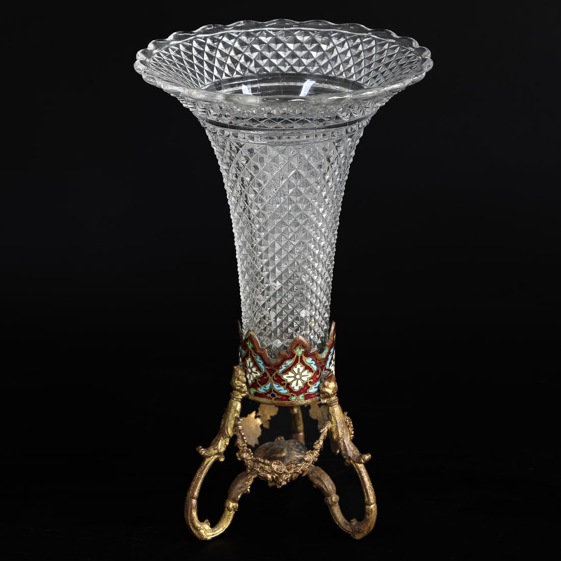 Antique French Cut Glass, Brass and Enamel Trumpet Vase (1 of 4)