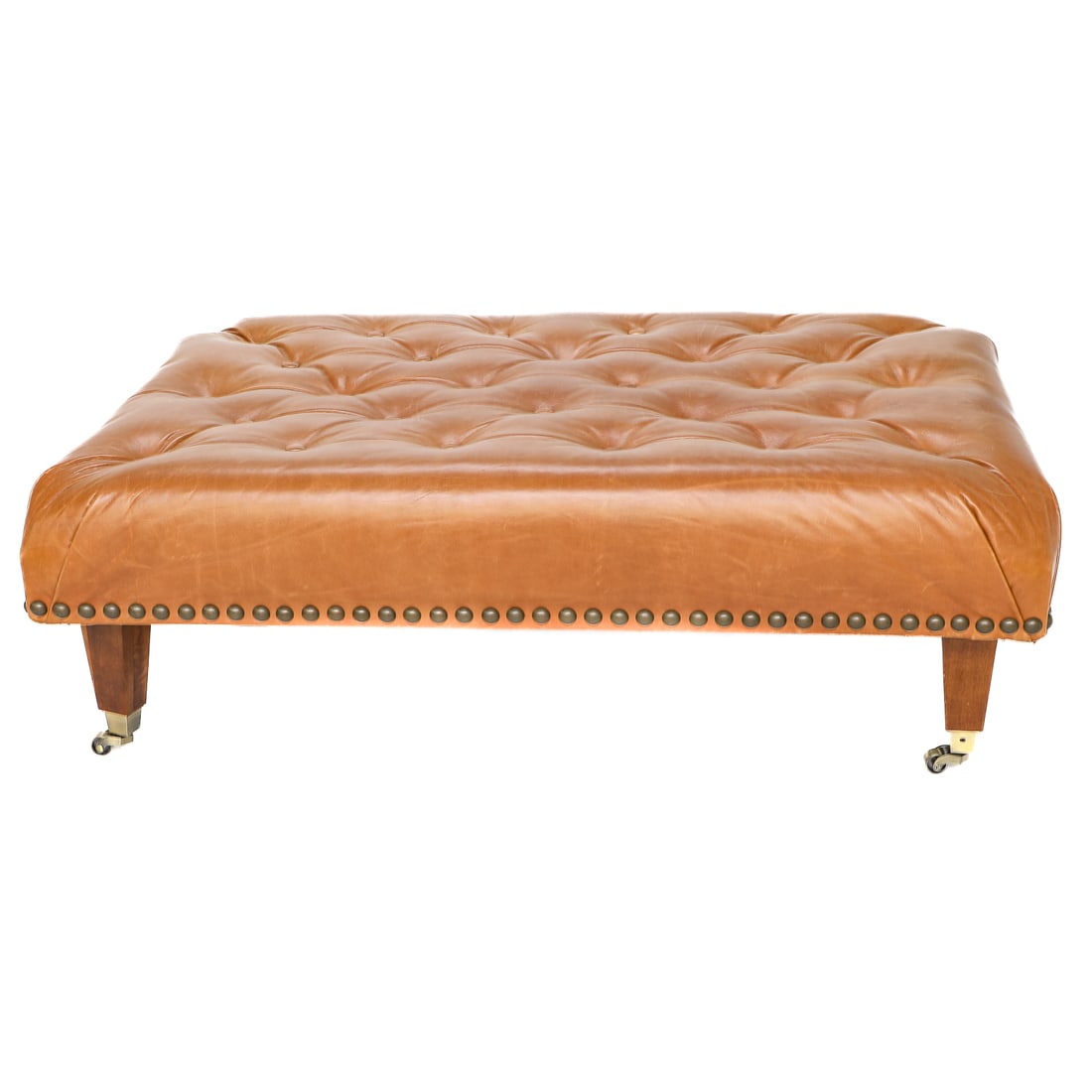 Tufted Caramel Color Leather Rectangular Ottoman Adorned with Large Brass Nail Heads (1 of 4)