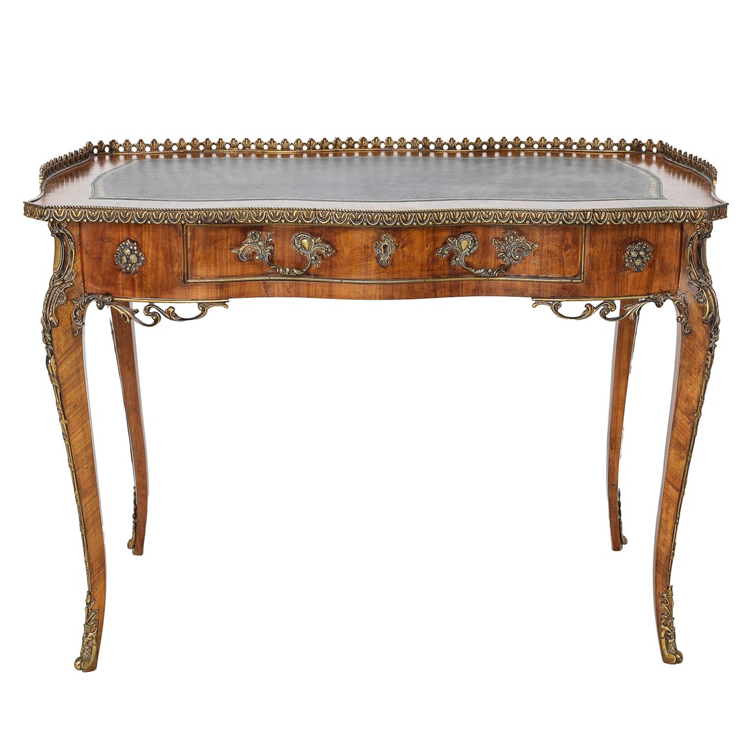 Antique Louis XV Style Kings Wood Brass Mounted Leather Top Shaped Writing Desk (1 of 8)