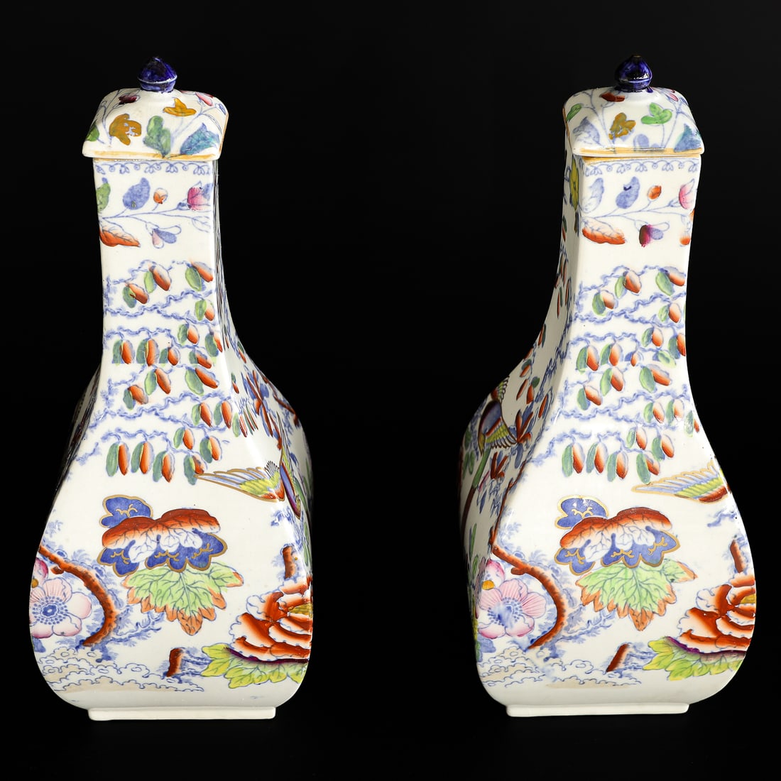 Late 19th C. Mason's Ironstone English China Capped Urns in Flying Bird Pattern, Pair (1 of 5)