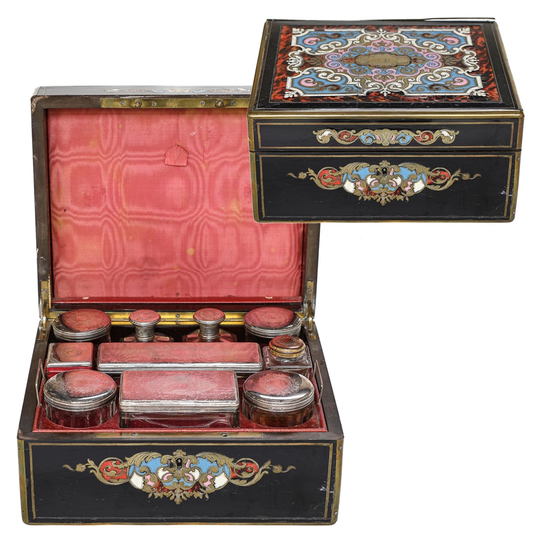 19th C. Ebony Brass Bound Inlaid Gentleman's Dressing Case (1 of 12)