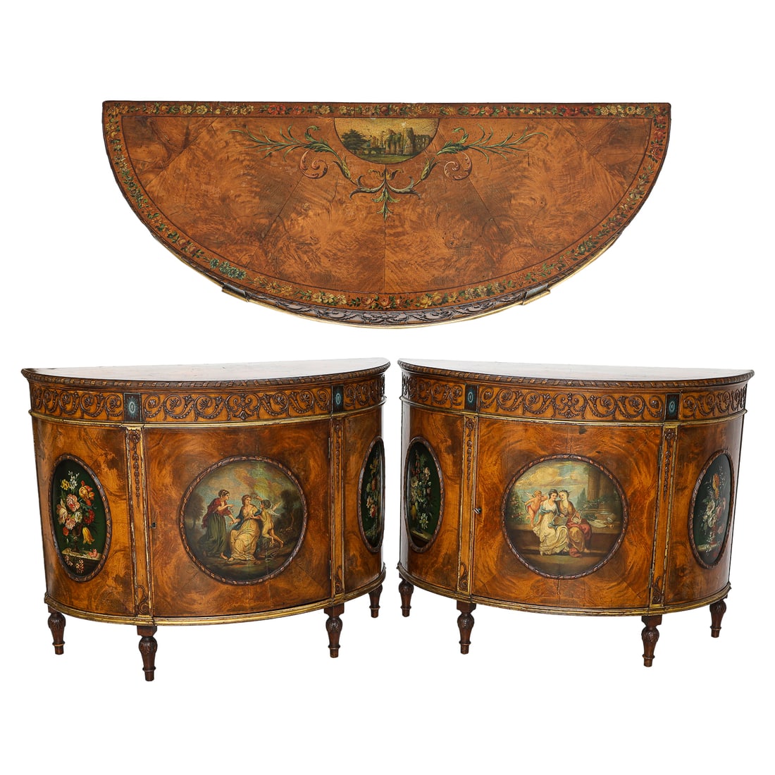 Late 19th C. English Decorated Satinwood Demi Lune Cabinets, Pair (1 of 19)