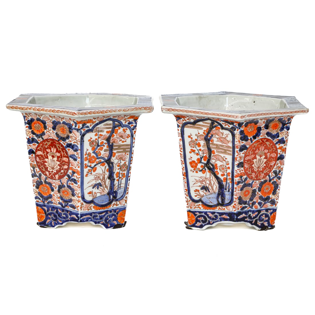Rare 19th C. Hexagonal Japanese Imari Hexagonal Shaped Planters, Pair (1 of 10)