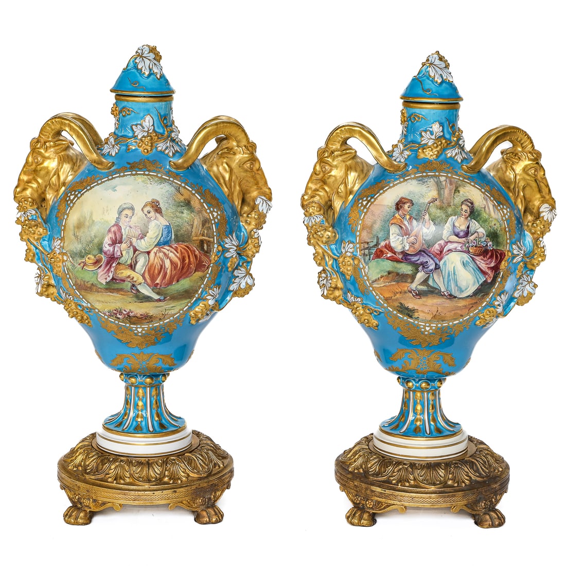 Antique Celeste Blue French Style Porcelain Capped Urns, Pair (1 of 9)