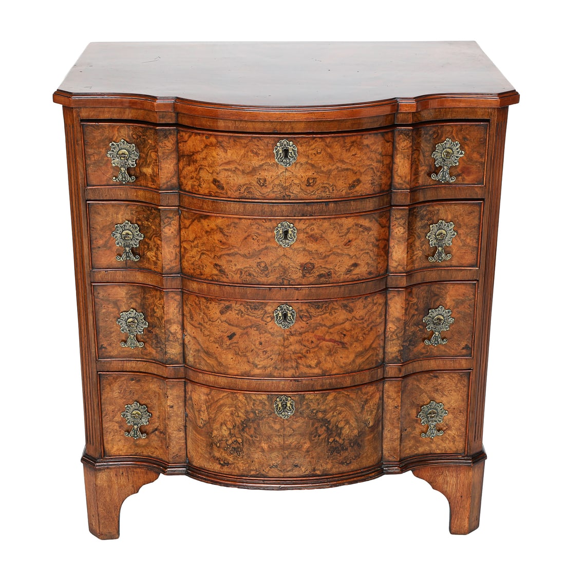 19th C. English Walnut and Burl Walnut Shaped Front Chest of Drawers, (1 of 7)