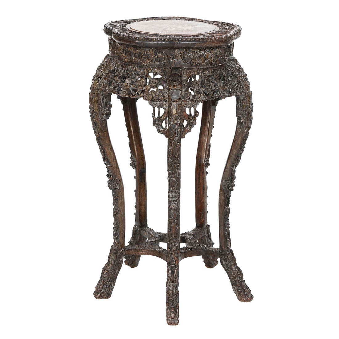 19th C. Carved Chinese Marble Top Teakwood Stand (1 of 6)
