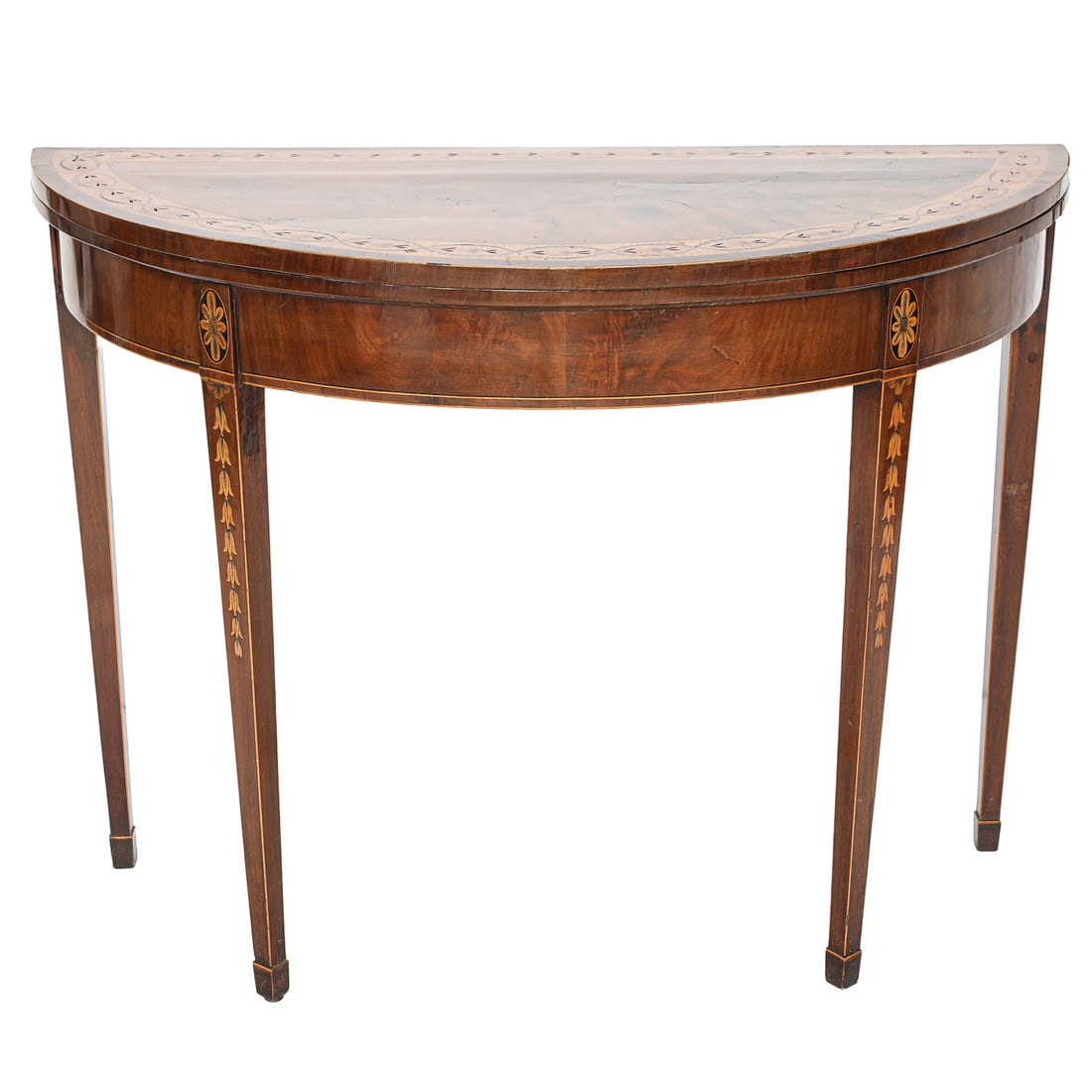 19th C. English Mahogany Inlaid Demi Lune Flip Top Game Table (1 of 8)