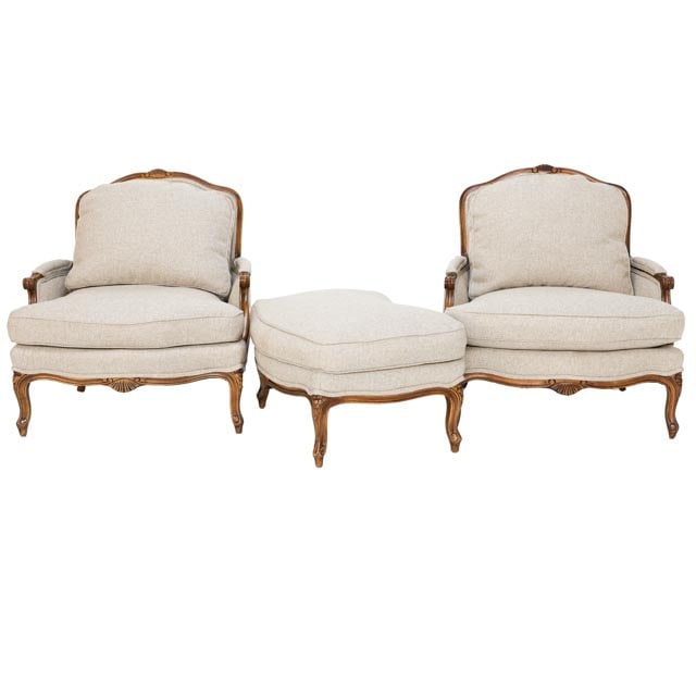 French Louis XV Style Upholstered Bergere Chairs, Pair, Along with Matching Ottoman (1 of 6)