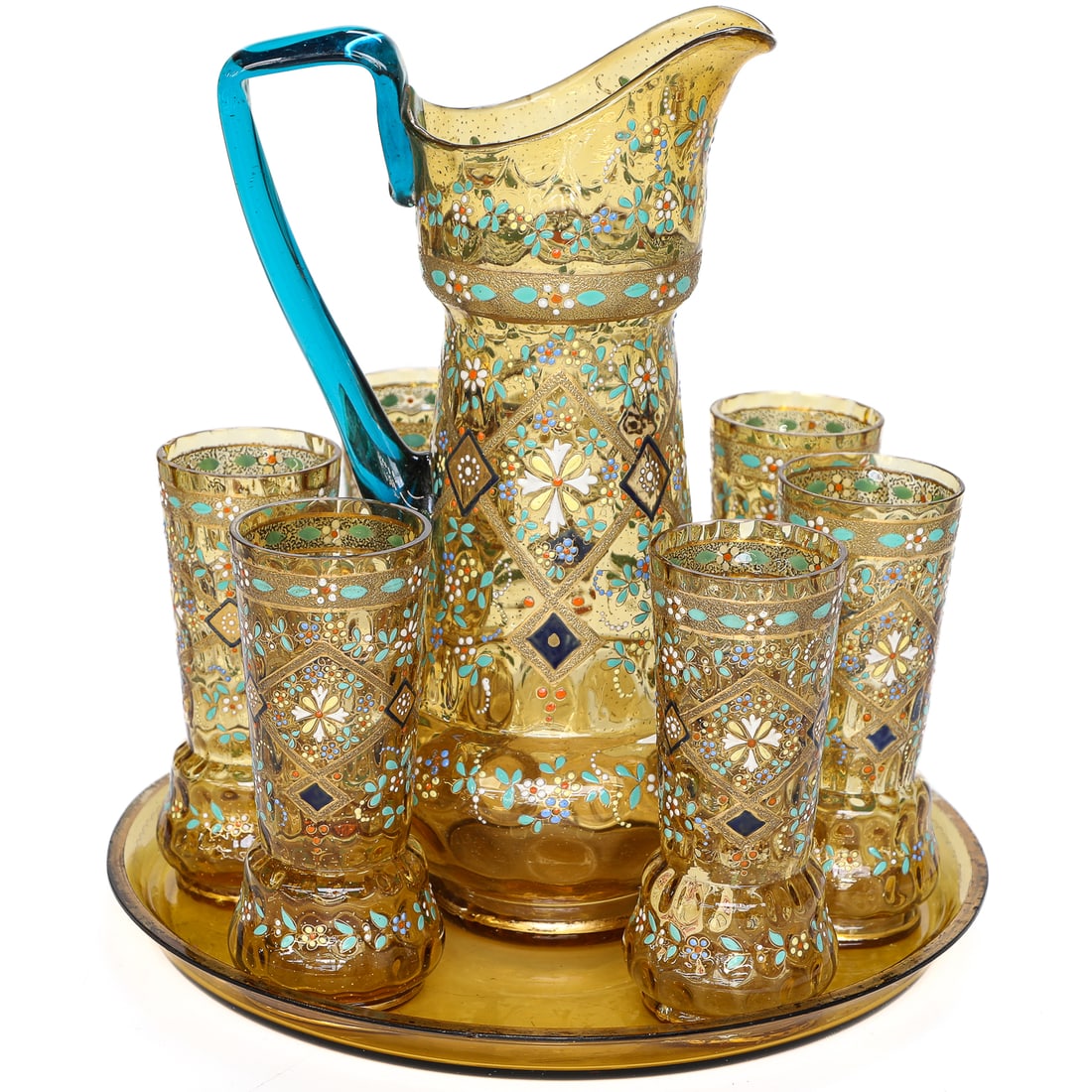 Vintage Amber Hand Blown Glass Hand Painted Drinks Set, Eight Pieces Total (1 of 9)