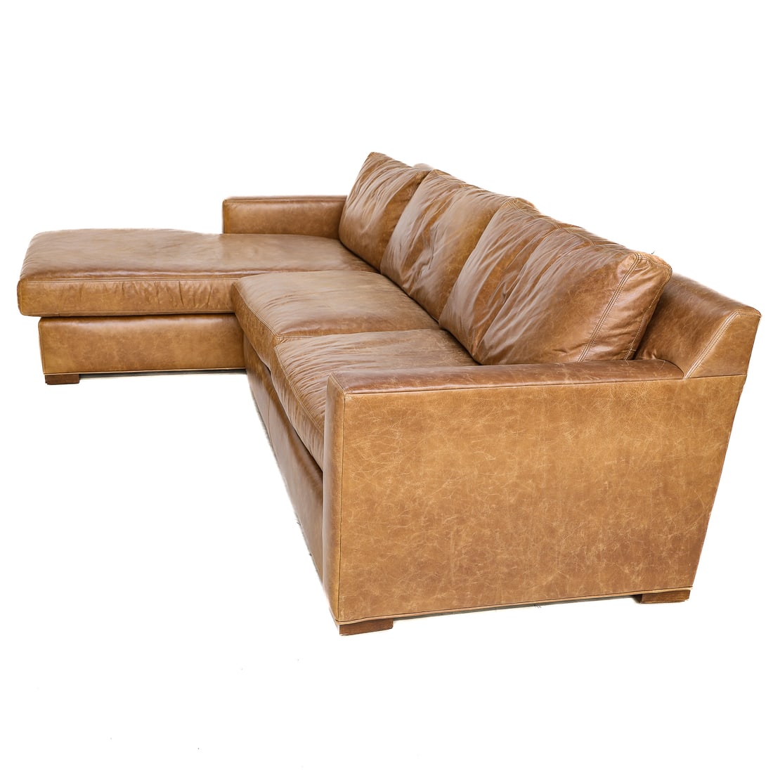 Highland House Brown Leather Sectional Sofa: Highland House Brown Leather Sectional Sofa, Consisting of One Chaise Section Having One Long Loose Bottom Cushion and One Loose Back Pillow, and One Sofa Section Having Two Loose Seat Cushions and Tw