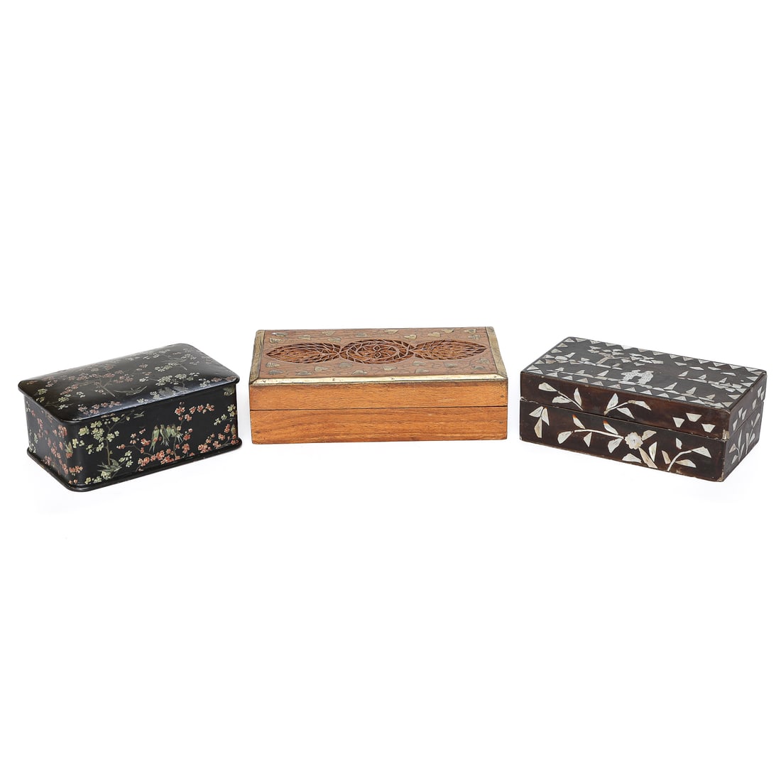 Group of Vintage Asian Inspired Decorative Boxes, Three Total: Group of Vintage Asian Inspired Decorative Boxes, Three Total, Includes One Ebony Hinged Hand Painted Box Featuring Bird and Floral Designs, 6" Wide, 4" Deep, 2.5" High; Along with Teak Wood Box Featu